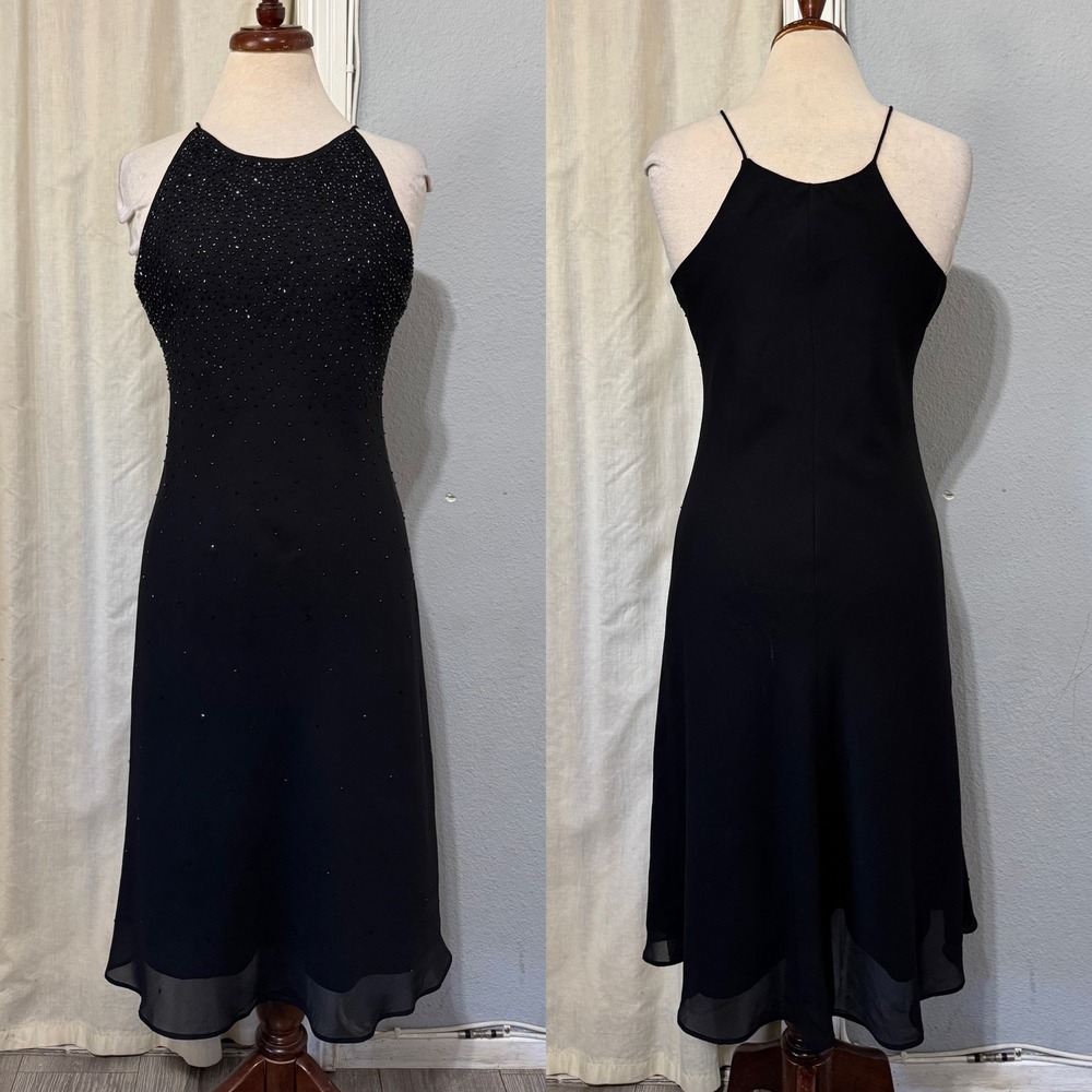 Vintage Chelsea Nites‎ Black Beaded Halter Neck Evening Y2K Fairy Dress Size 10